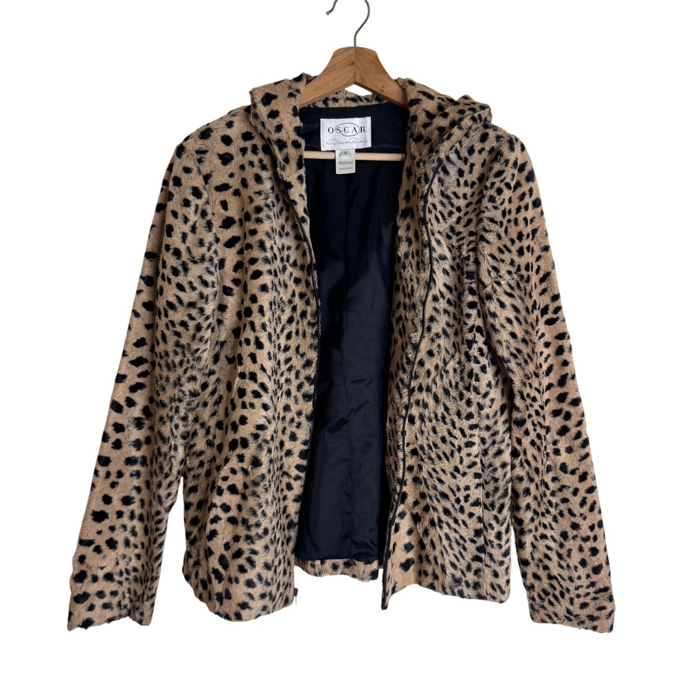 Oscar by Oscar de la Renta Women's Faux Fur Leopard Print Zip Hooded Jacket SZ 8
